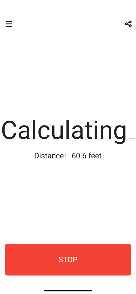 Simple Speed Gun - Interface of the Simple Speed Gun app showing the calculating screen for a sixty foot pitching distance with a large red stop button.