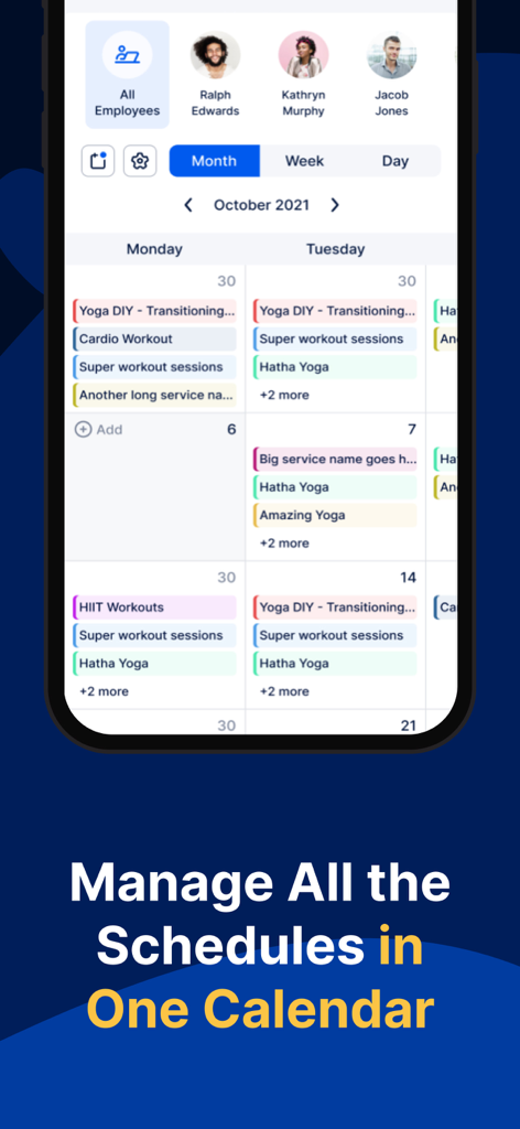 Trafft mobile app interface showing multiple employee schedules in a central calendar