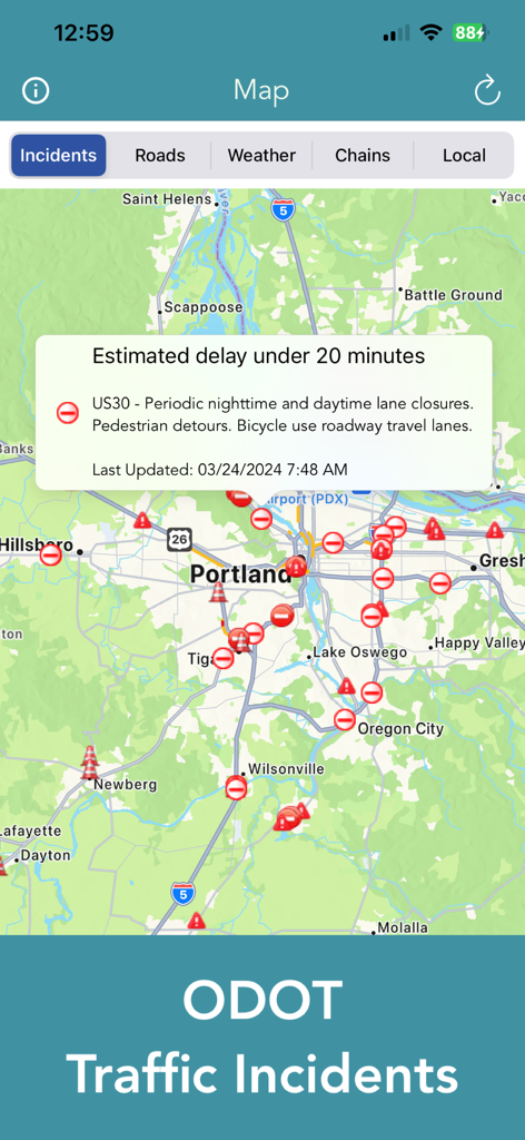 Oregon 511 Road Conditions - Map view of the Oregon 511 app showing ODOT traffic incidents and delays in Portland.