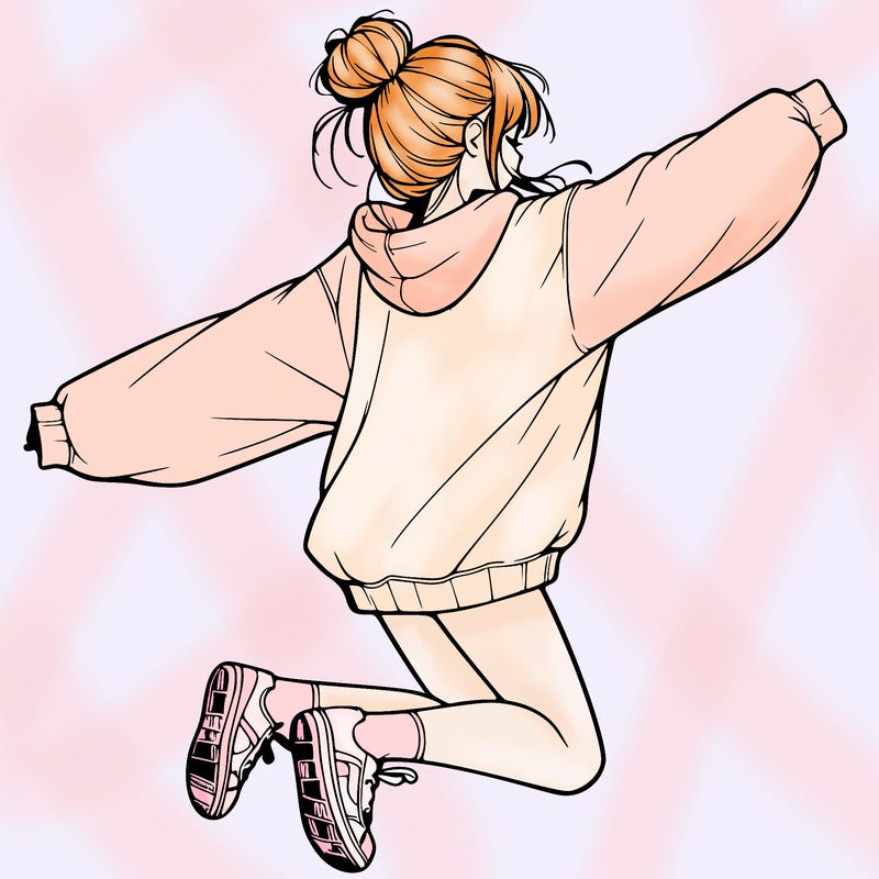 realistic girl jumping with a bun and oversized sweatshirt