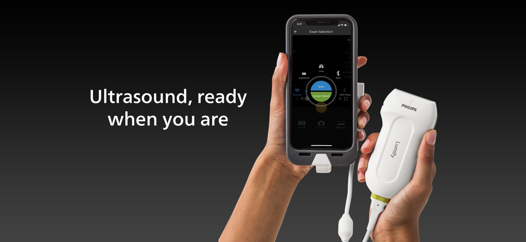 A person holding a smartphone displaying the Philips Lumify app interface next to a handheld ultrasound transducer.