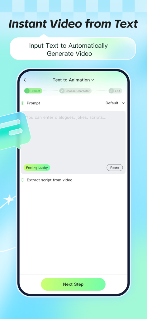 AI Animate - AI Video Maker - AI Animateアプリのインターフェース、テキストスクリプトまたはプロンプトからのインスタントビデオ生成用