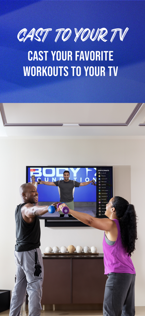 Body FX Home Fitness - A man and woman exercising at home while casting a Body FX workout to their television