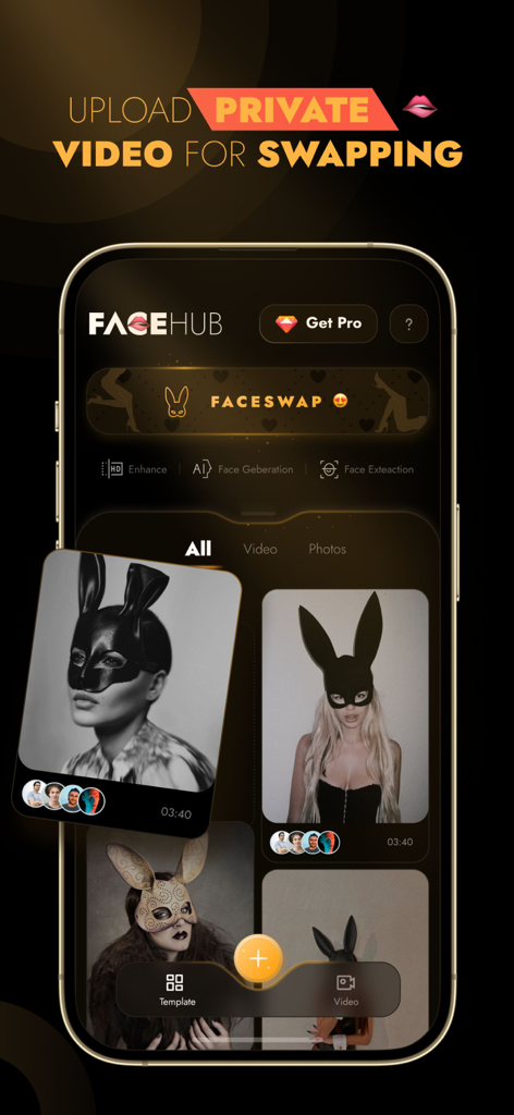FaceHub mobile app interface showing video face swap options and creative cosplay templates.
