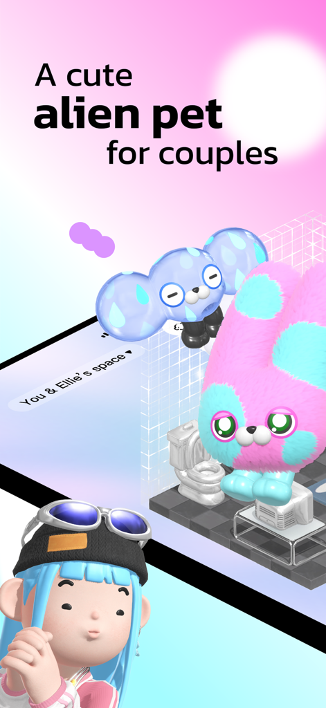 DokiDoki-Couple's Pet - DokiDoki app interface showing colorful 3D alien pets and a shared virtual room for couples