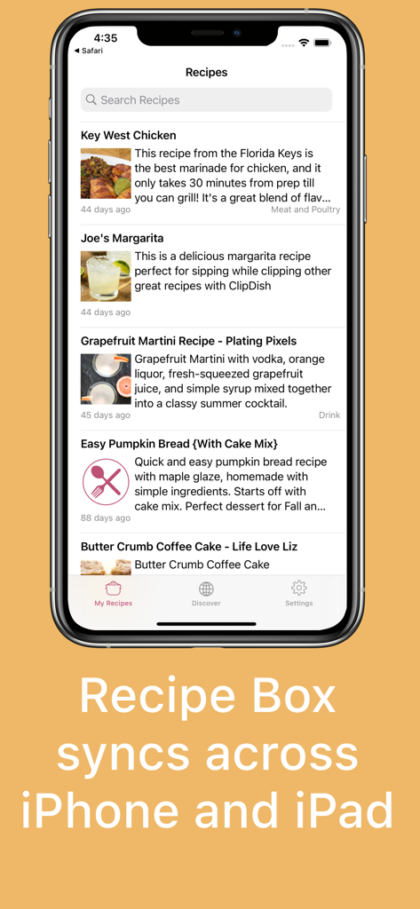 Recipe Box Cookbook: ClipDish - Rezeptbox-App-Oberfläche auf dem iPhone, die eine Liste gespeicherter Rezepte mit einem Hinweis zum Synchronisieren zwischen iPhone und iPad anzeigt