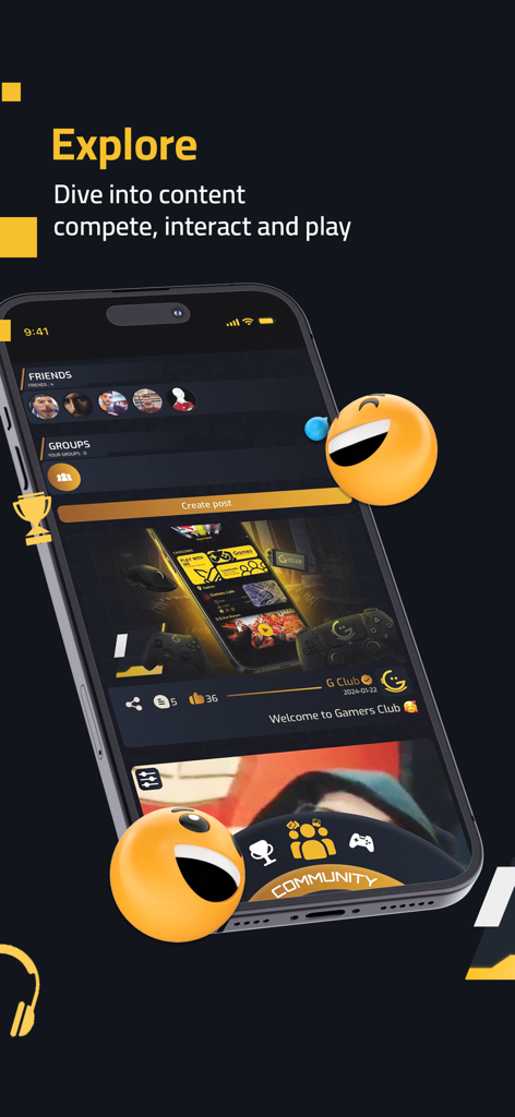 G Club - G Club app explore screen showing gaming social networking features like friends and community posts