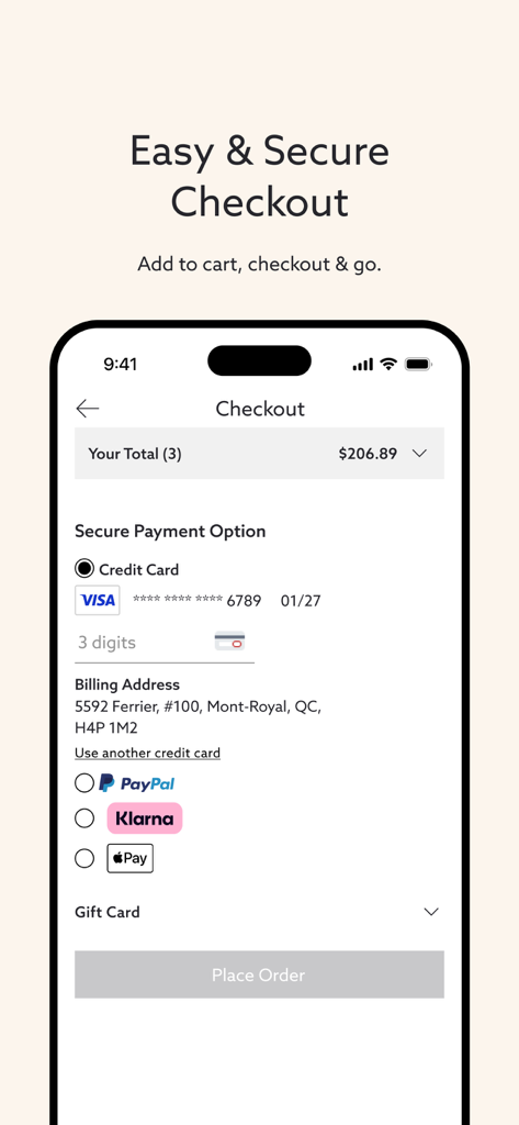 Sicherer Checkout-Bildschirm der Dynamite Mode-App mit verschiedenen Zahlungsmethoden wie Kreditkarte und Klarna.