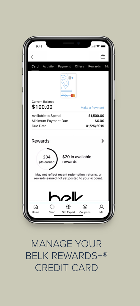 Belk App-Oberfläche zur Verwaltung der Prämien-Kreditkarte und Überprüfung verfügbarer Punkte.