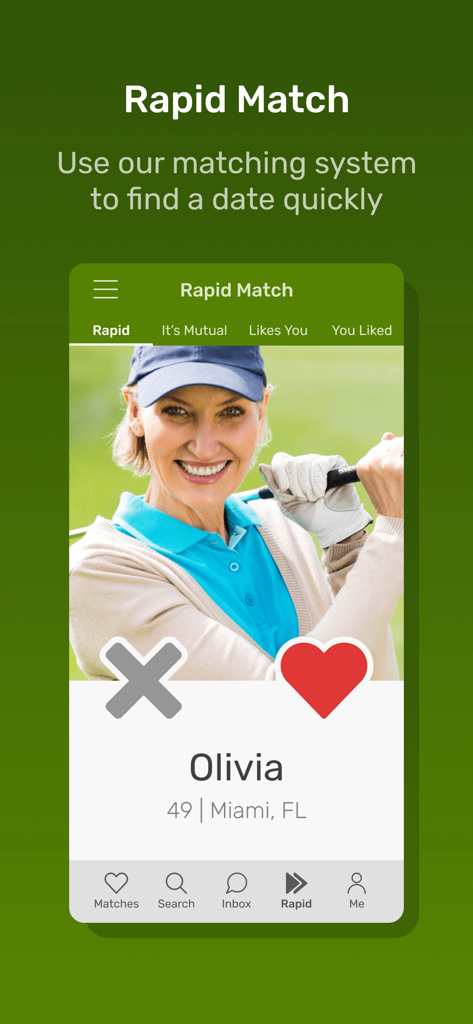 Meet Local Golfers - Screenshot of the Rapid Match swiping feature on the Meet Local Golfers dating app showing a profile of a mature woman golfer