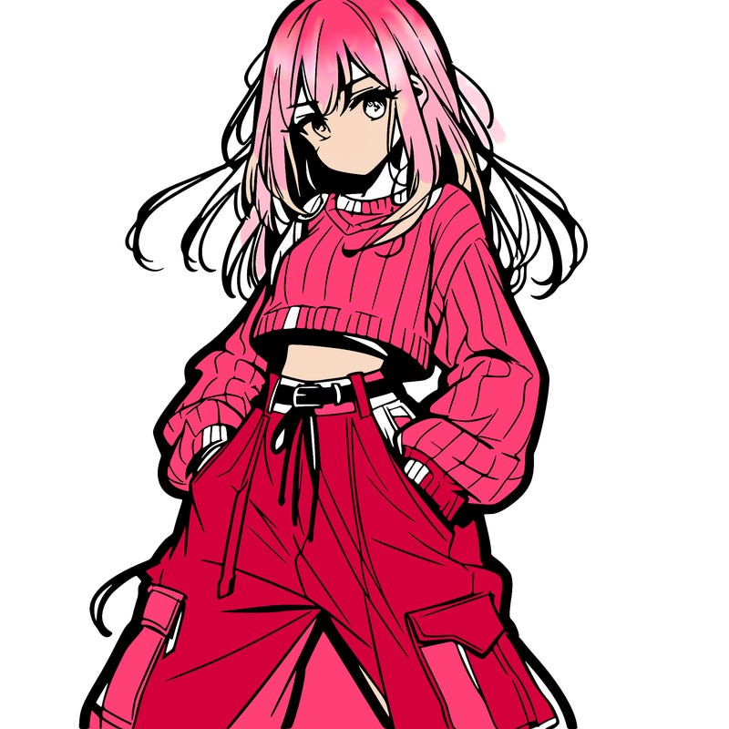 anime teen girl with baggy pants and crop top with sweater