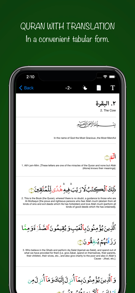 Muslim Watch - Muslim Watch app screen showing Quran verses in Arabic with English translation in a tabular layout