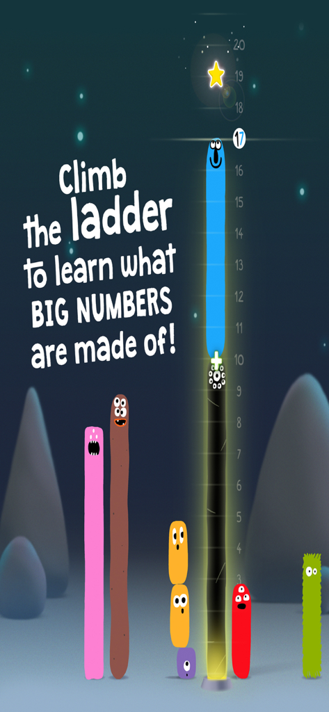 Educational game screen showing colorful Noom characters stacked on a vertical number ladder to teach children about big numbers
