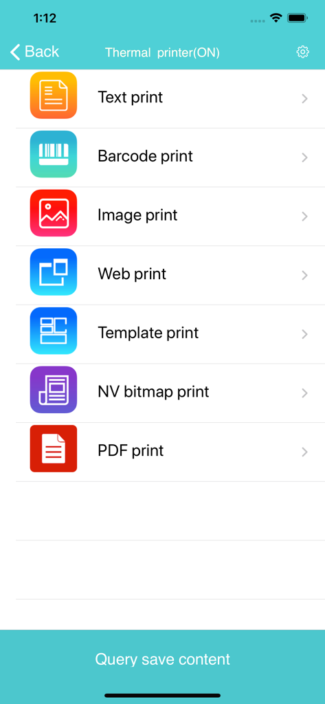 RTPrinter System app main menu showing options for text barcode image and pdf printing