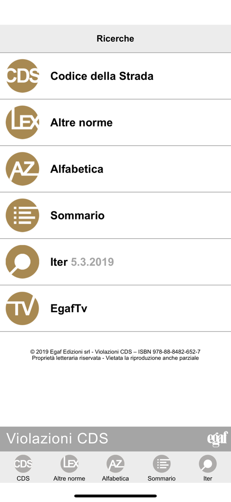 Violazioni CDS - Search navigation menu of the Violazioni CDS app featuring categories like Italian highway code other regulations and legal databases