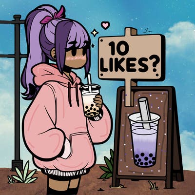 girl with oversized hoodie drinking boba and she has a high ponytail with a sign that says 10likes?