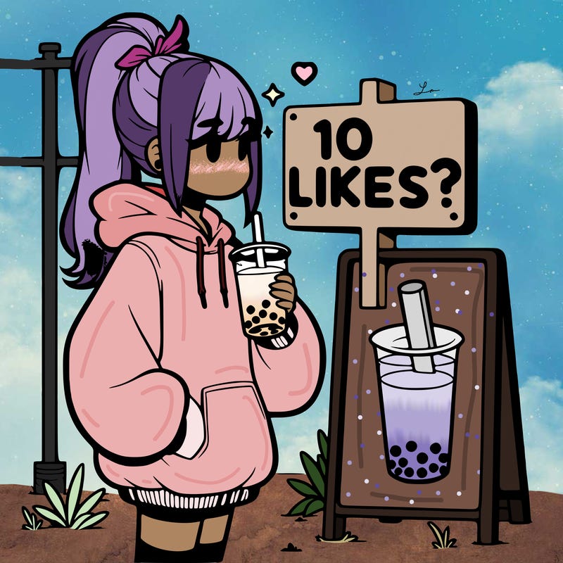 girl with oversized hoodie drinking boba and she has a high ponytail with a sign that says 10likes?