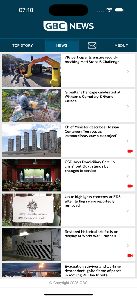 GBC News - Mobile interface of GBC News app showing local headlines from Gibraltar