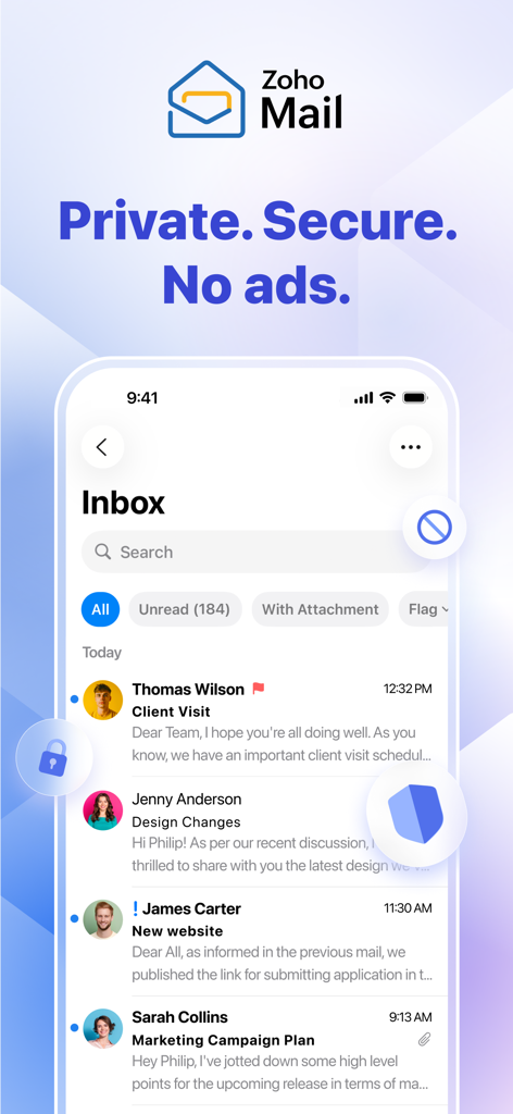 Zoho Mail mobile app interface on an iPhone displaying a private and secure ad free inbox
