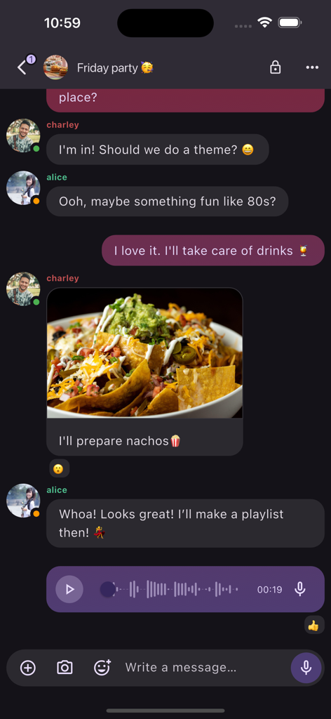FluffyChat group chat interface showing a conversation about a party with a photo of nachos and a voice message.