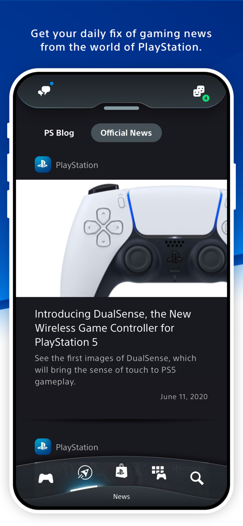 PlayStation App - Tela de notícias do Aplicativo PlayStation mostrando um artigo sobre o controle sem fio PS5 DualSense