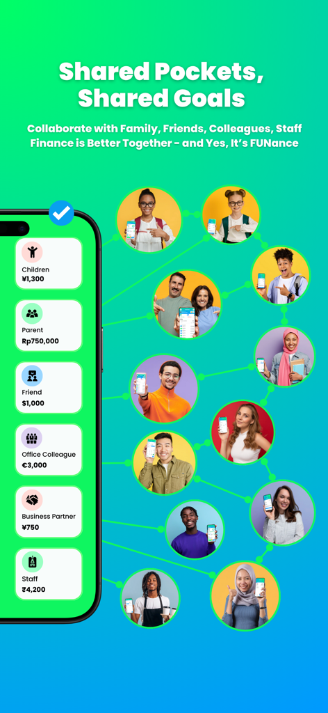 My InOut - Tela do aplicativo My InOut mostrando "bolsos" compartilhados para colaborar em metas financeiras com familiares e colegas.