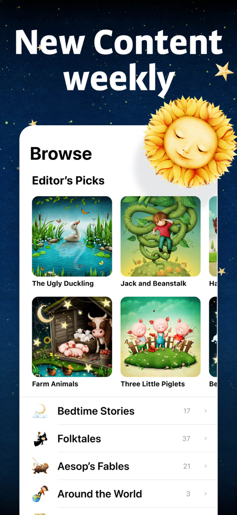 Browse screen of the Readmio app displaying editor picks and story categories such as bedtime stories and folktales