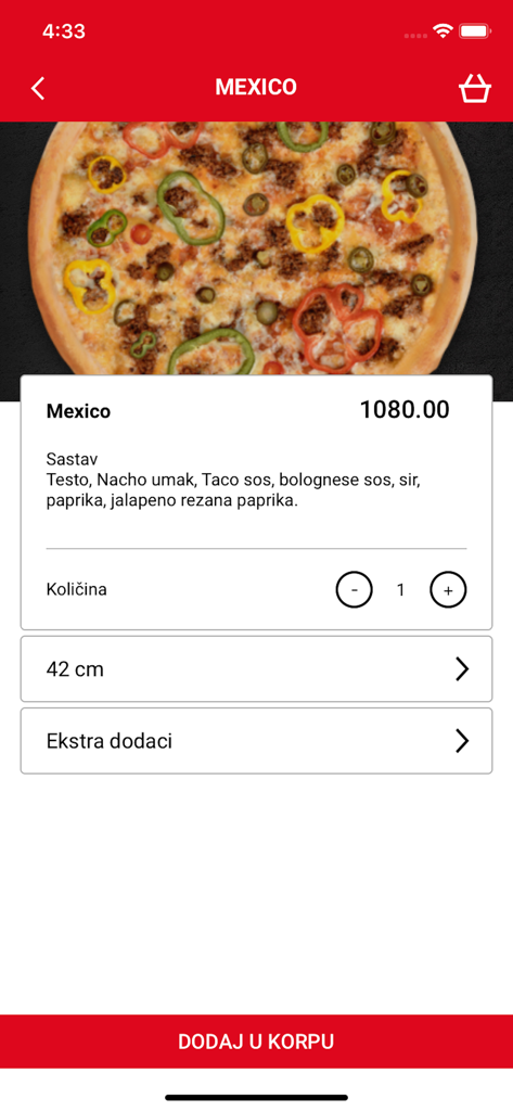 Página del producto de la pizza México en la aplicación Caribic Pizza mostrando ingredientes y precio