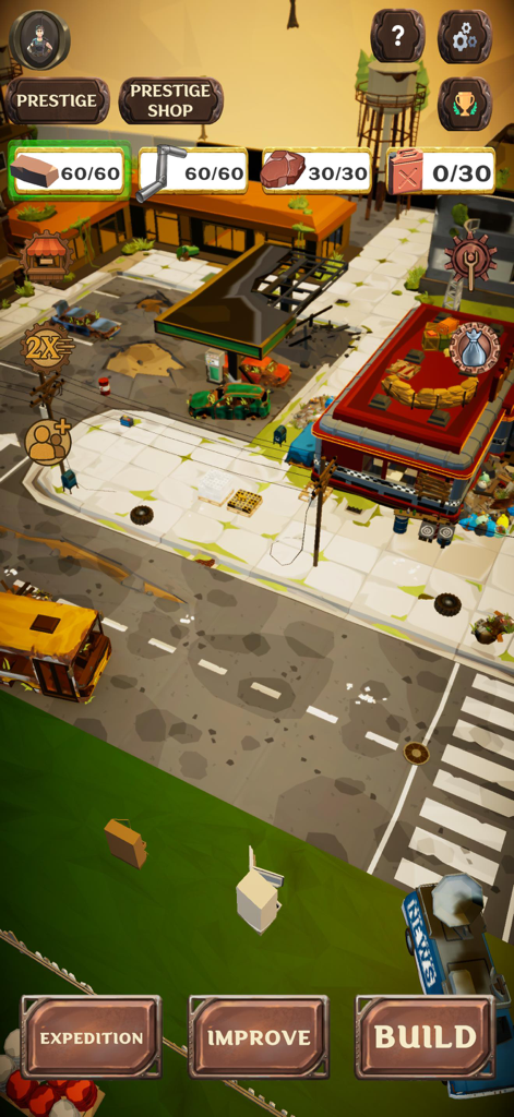 Apocalypse City Builder - Vista cenital de un asentamiento de construcción de bases postapocalípticas en Constructor de Ciudades Apocalípticas que muestra la gestión de recursos y la interfaz de supervivencia.