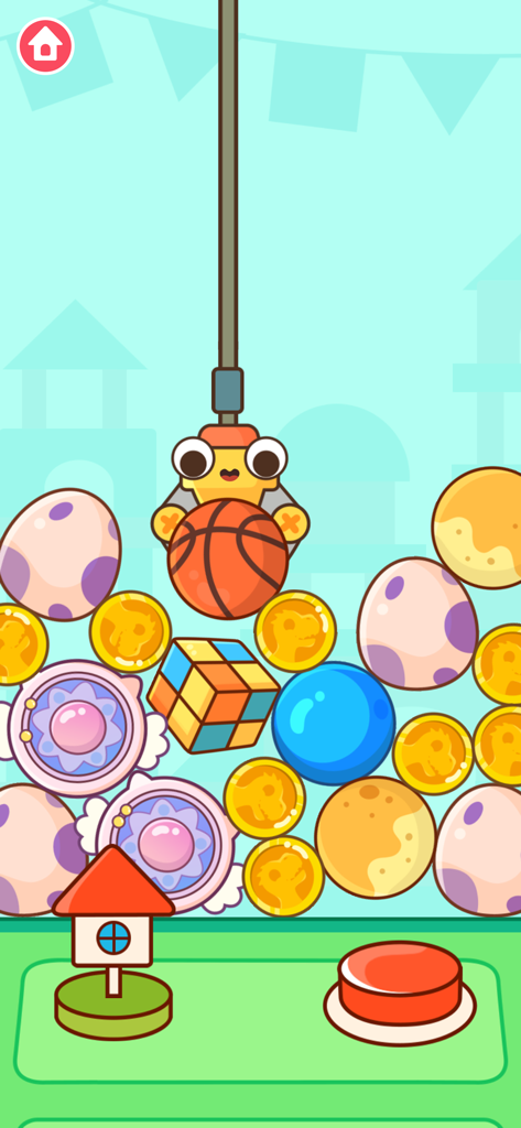 Claw Machine Games for kids - A colorful digital claw machine for kids catching a basketball amidst prizes and coins