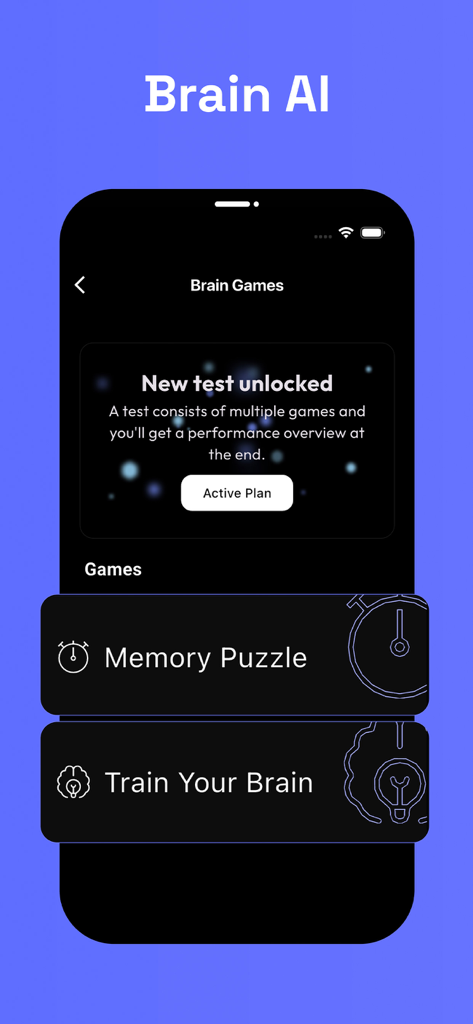 Timeless: All-in-one AI - Timeless AIアプリのインターフェースに、脳トレーニングゲームと記憶パズルが表示されている様子。
