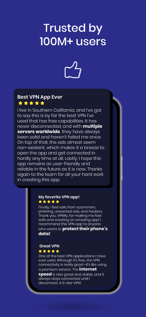 Positive user reviews and 5-star ratings for VPNIFY displayed on a smartphone screen