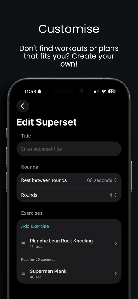 Caliverseアプリでワークアウトのスーパーセットをカスタマイズするためのモバイルインターフェース。
