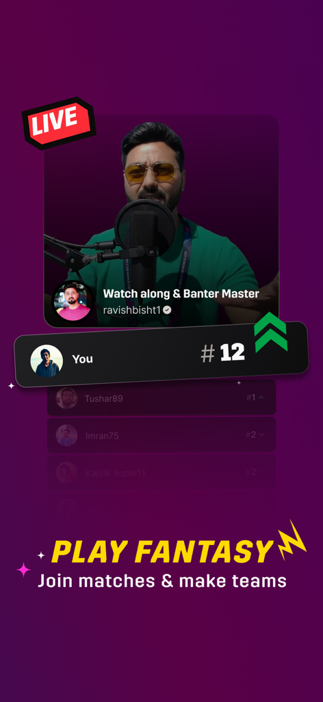 Dream11: Sports Watch Along - Interfaz de la aplicación Dream11 que muestra una transmisión de deportes en vivo con un creador y una clasificación de la tabla de posiciones de fantasy.