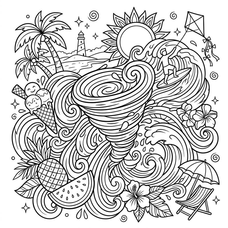 Experience the thrilling energy of a summer storm meeting a tropical getaway with this unique coloring page. This design captures both the dynamic power of a hurricane and the relaxing elements of a sun-soaked vacation, perfect for a creative escape.