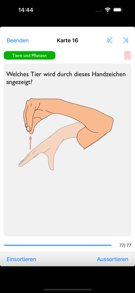 Scuba Diving Hand Signals - Schermata del quiz che mostra un segnale manuale per un animale subacqueo nell'app Segnali Manuali per le Immersioni Subacquee