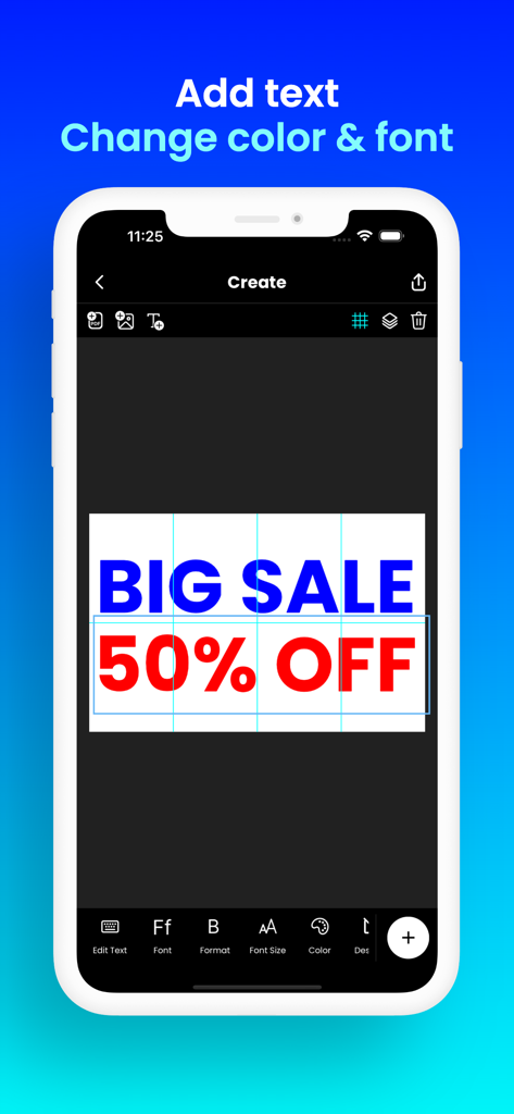 Docuslice - Poster Printing - Interface of Docuslice app showing a Big Sale poster design with text editing and font color options.