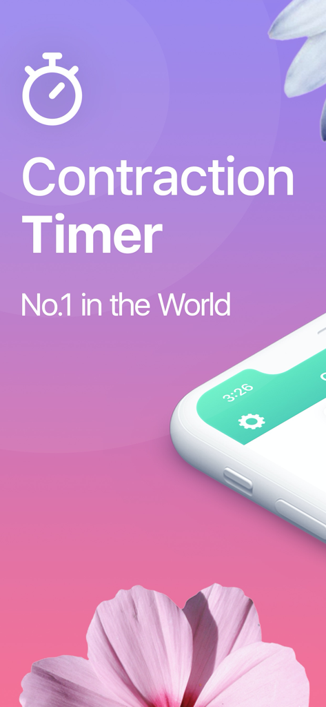 A promotional screenshot for the Contraction Timer 9m app featuring its status as the number one labor tracking app globally.