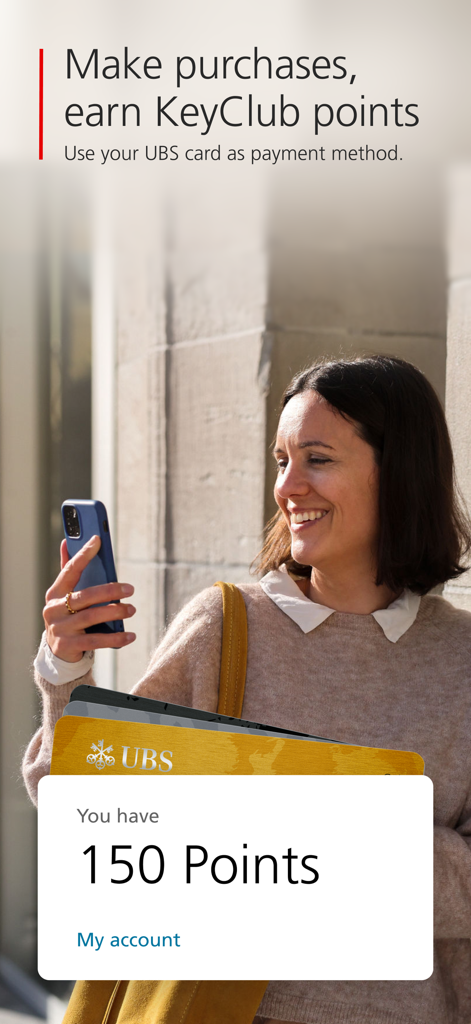 UBS TWINT - A woman using the UBS TWINT app to make mobile payments and earn KeyClub reward points.