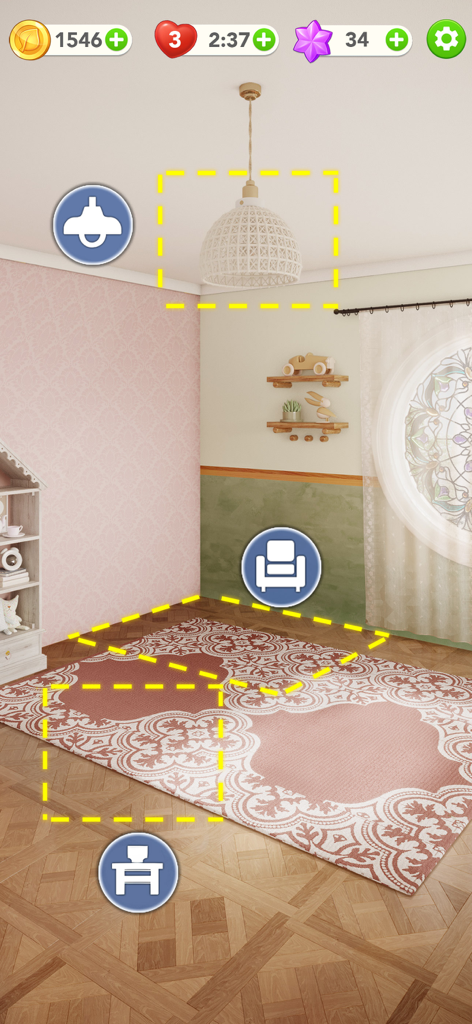 Interior room design gameplay showing furniture selection and renovation options in Makeover Tile