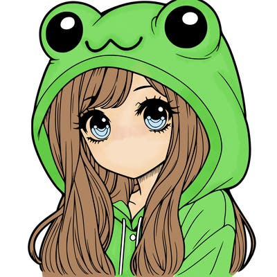 a pretty girl wearing a frog hoodie portrait with long hair