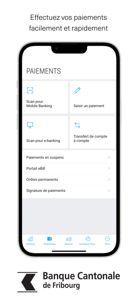 BCF Mobile Banking - BCF Mobile Banking app payments screen showing options for scanning, manual entry, and account transfers.