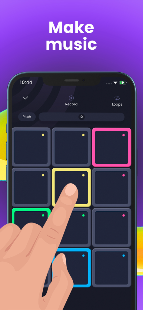 Trap Drum Pads Guru - A hand tapping a drum pad in the Trap Drum Pads Guru mobile app for making music