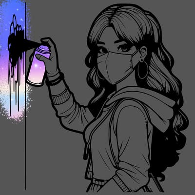 realistic girl with mask spray painting a wall