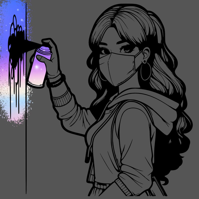 realistic girl with mask spray painting a wall