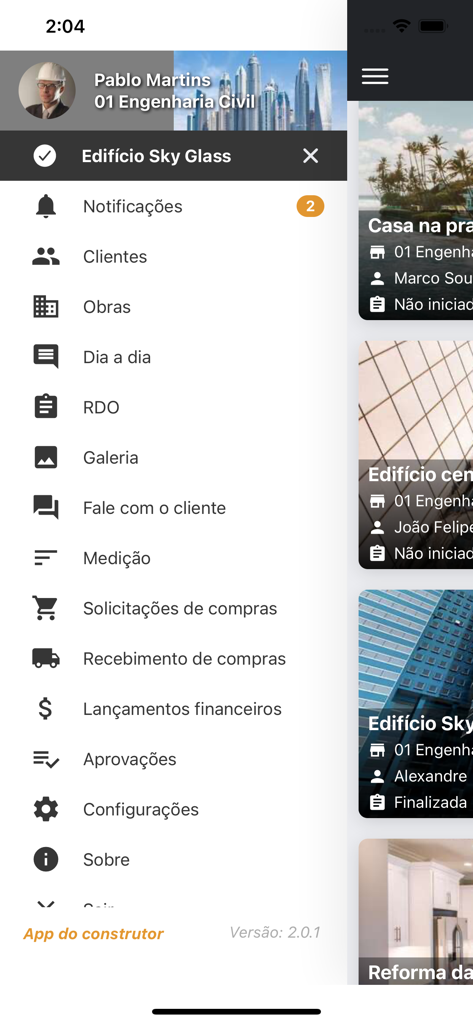 Obra Prima App - Side navigation menu of the Obra Prima app showing construction project management tools for contractors