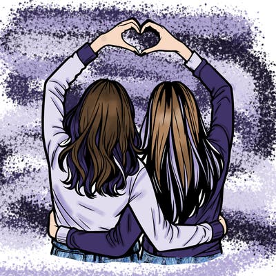 two friends with their backs turned and their hands in a heart realistic