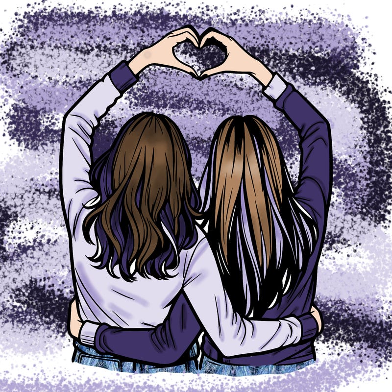 two friends with their backs turned and their hands in a heart realistic