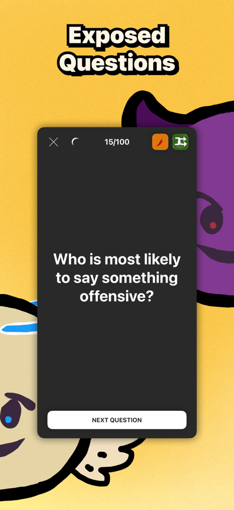 100 Questions • Party Exposed - Screenshot of the 100 Questions Party Exposed mobile app showing a Who is most likely social question.