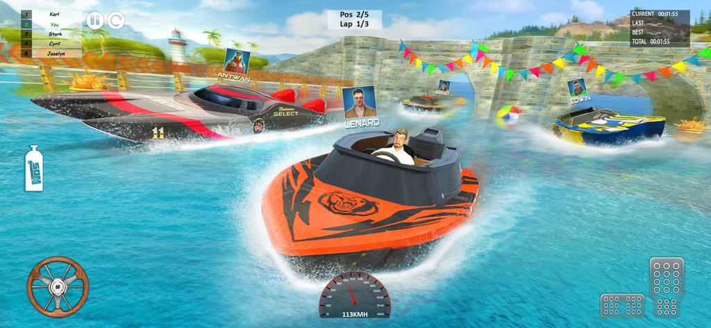Boat Racing Driving Game 3d - Fast speedboat racing in a 3D driving game featuring multiple opponents and colorful environments